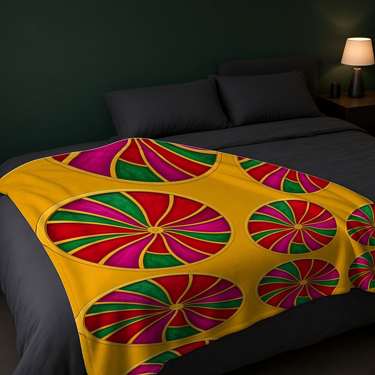 Grand Kaleido Jewel Wheels Sherpa Fleece Blanket across the foot of a dark bed