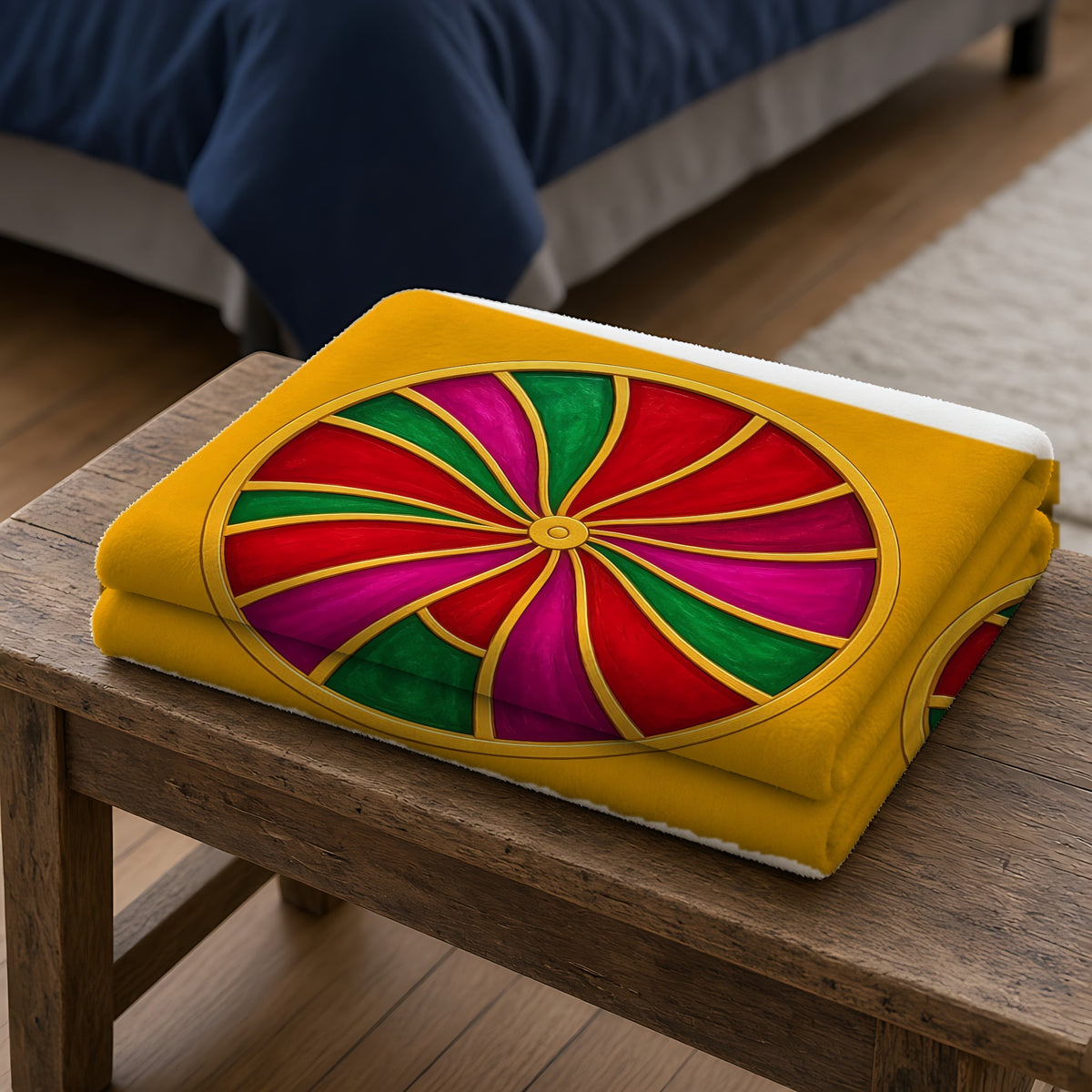 Grand Kaleido Jewel Wheels Sherpa Fleece Blanket folded on a wooden bench