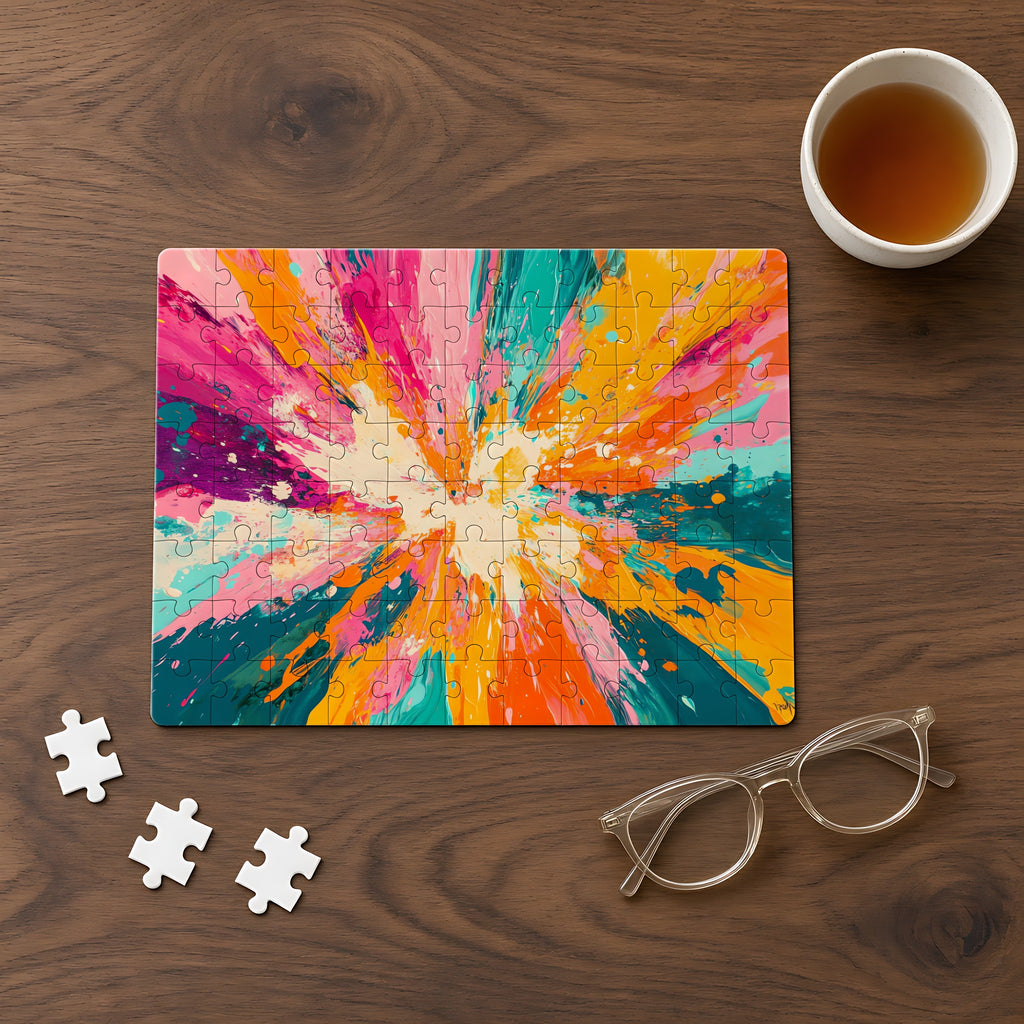 Sunburst Splash Jigsaw Puzzle with Tin completed on a walnut table