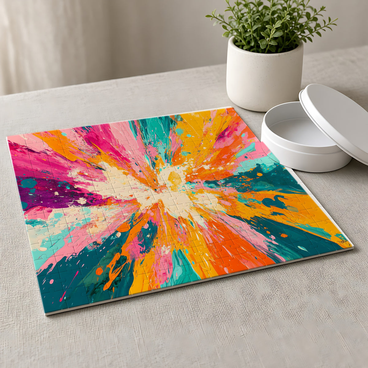 Sunburst Splash Jigsaw Puzzle with Tin completed on a linen tablecloth