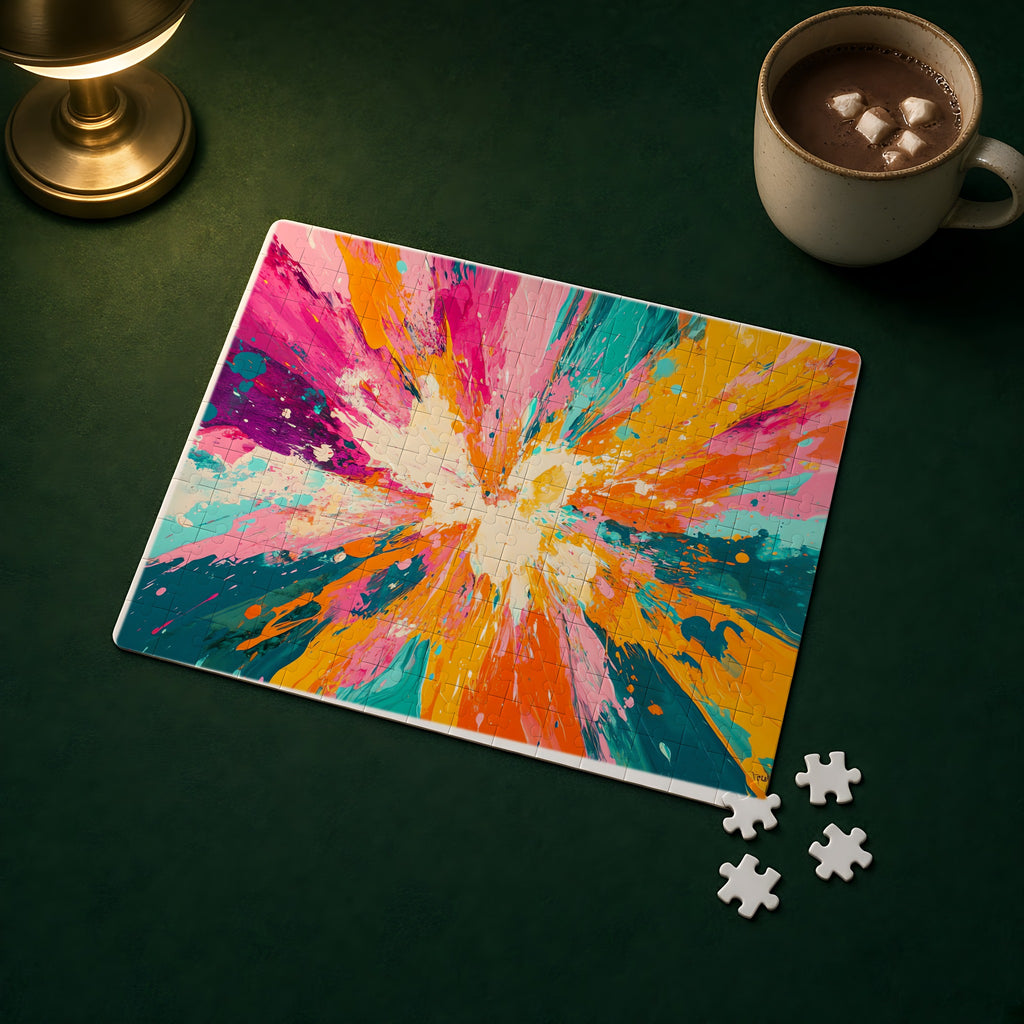 Sunburst Splash Jigsaw Puzzle with Tin completed on a green games table