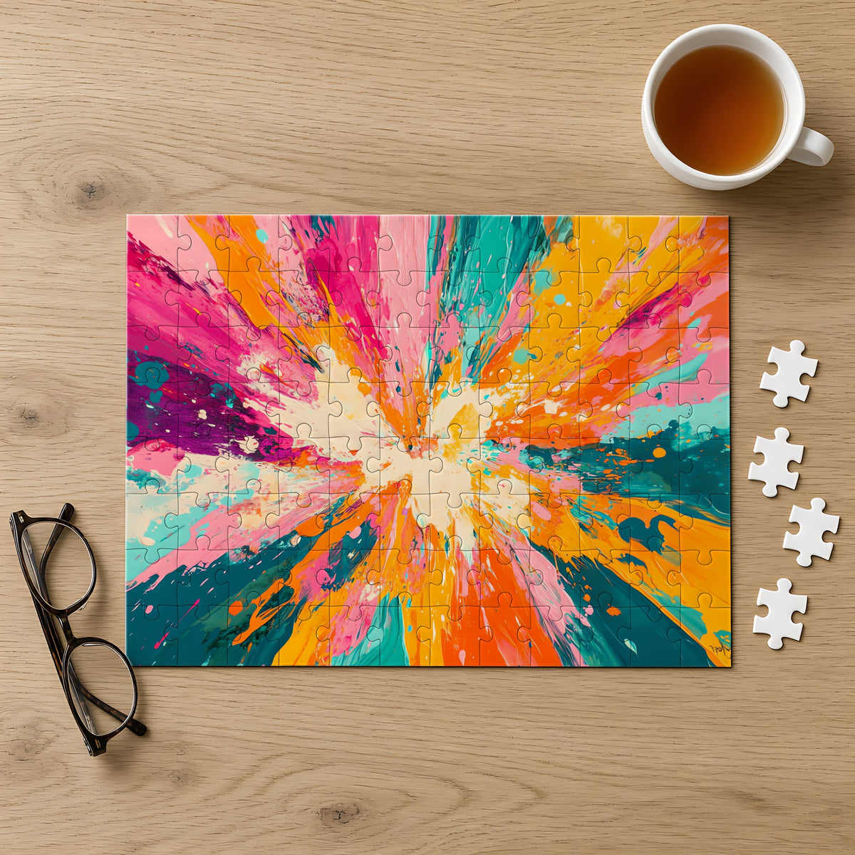 Sunburst Splash Jigsaw Puzzle with Tin completed on a light oak table with a cup of tea