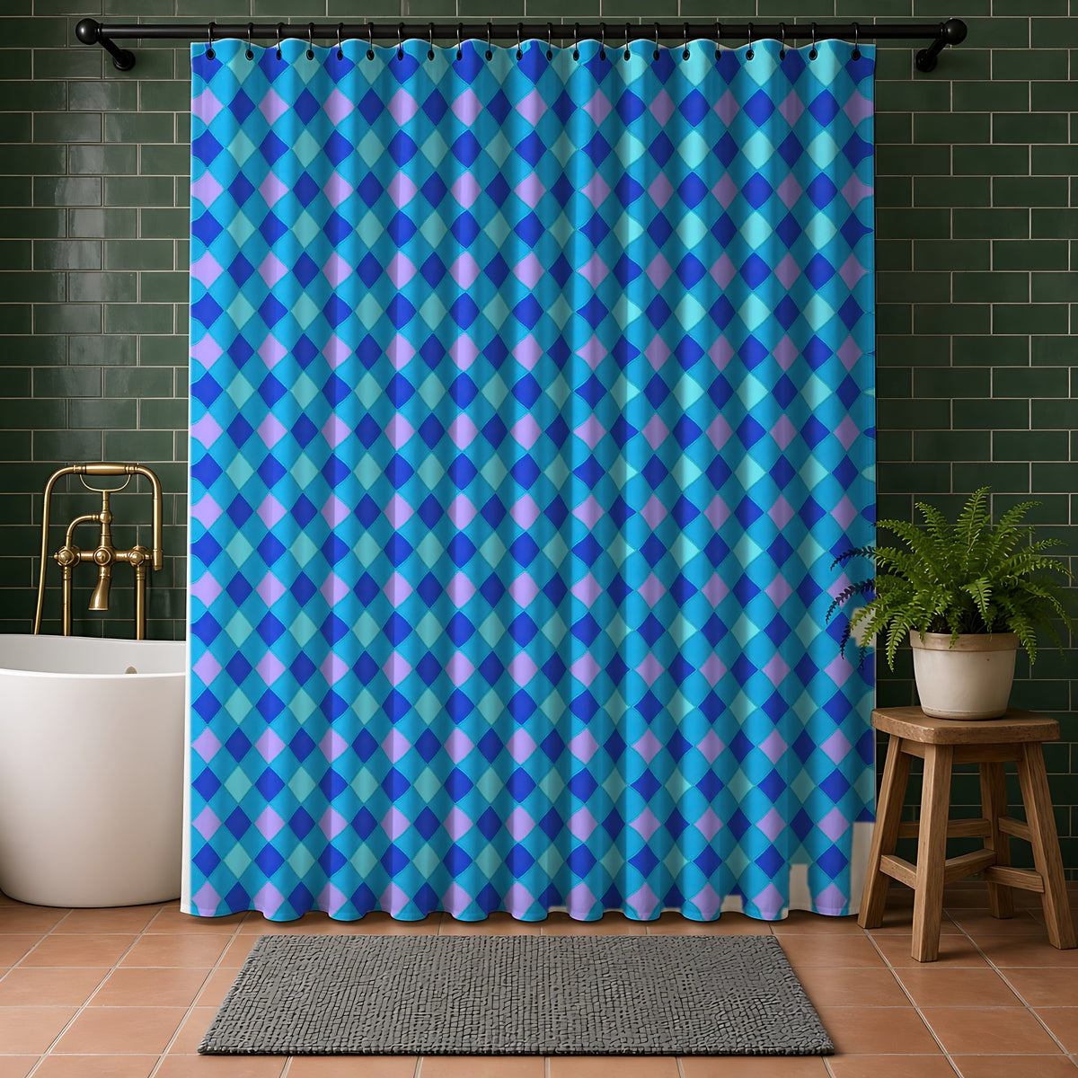 Jewel Harlequin Check Shower Curtain in a bathroom with dark green tiles