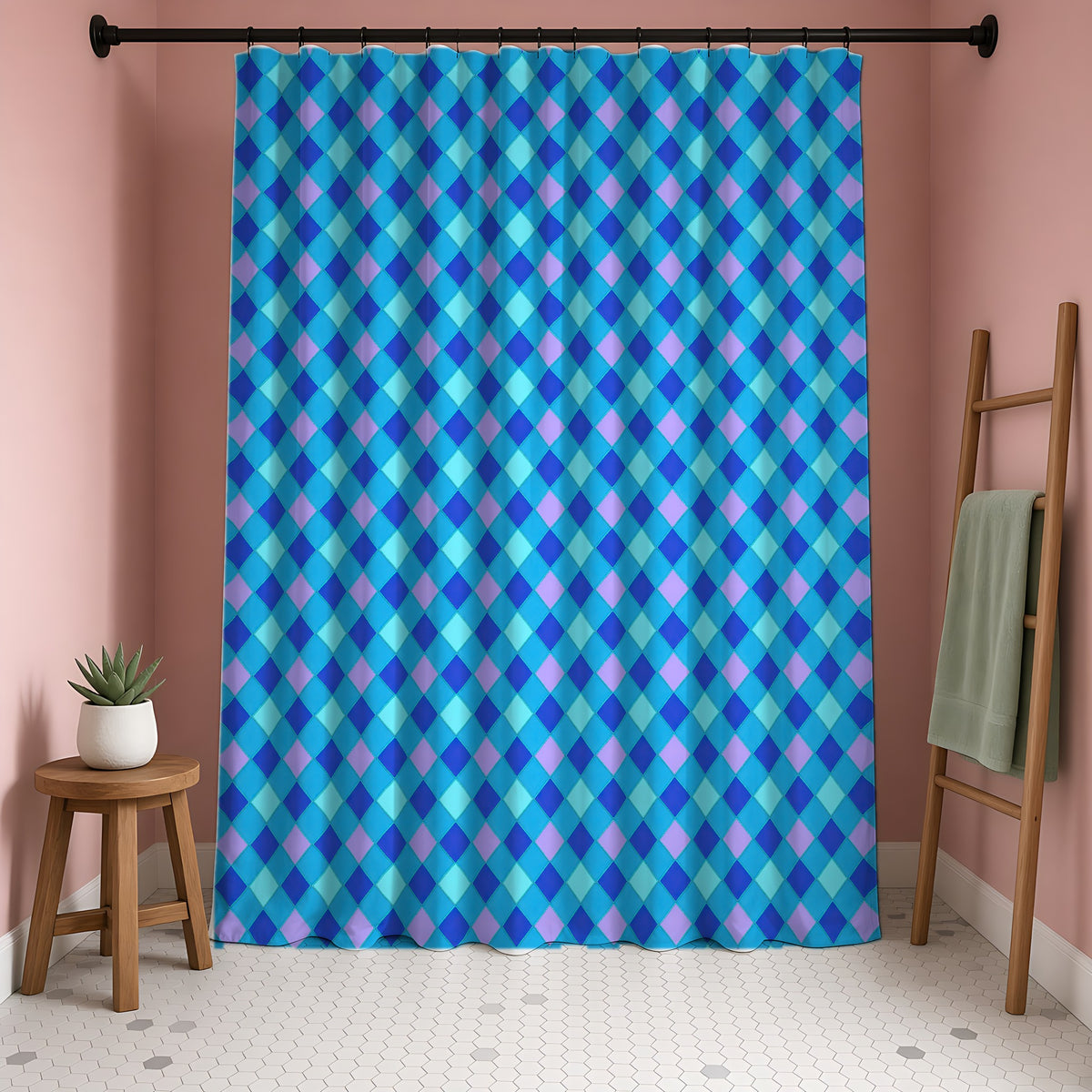 Jewel Harlequin Check Shower Curtain in a blush-pink bathroom