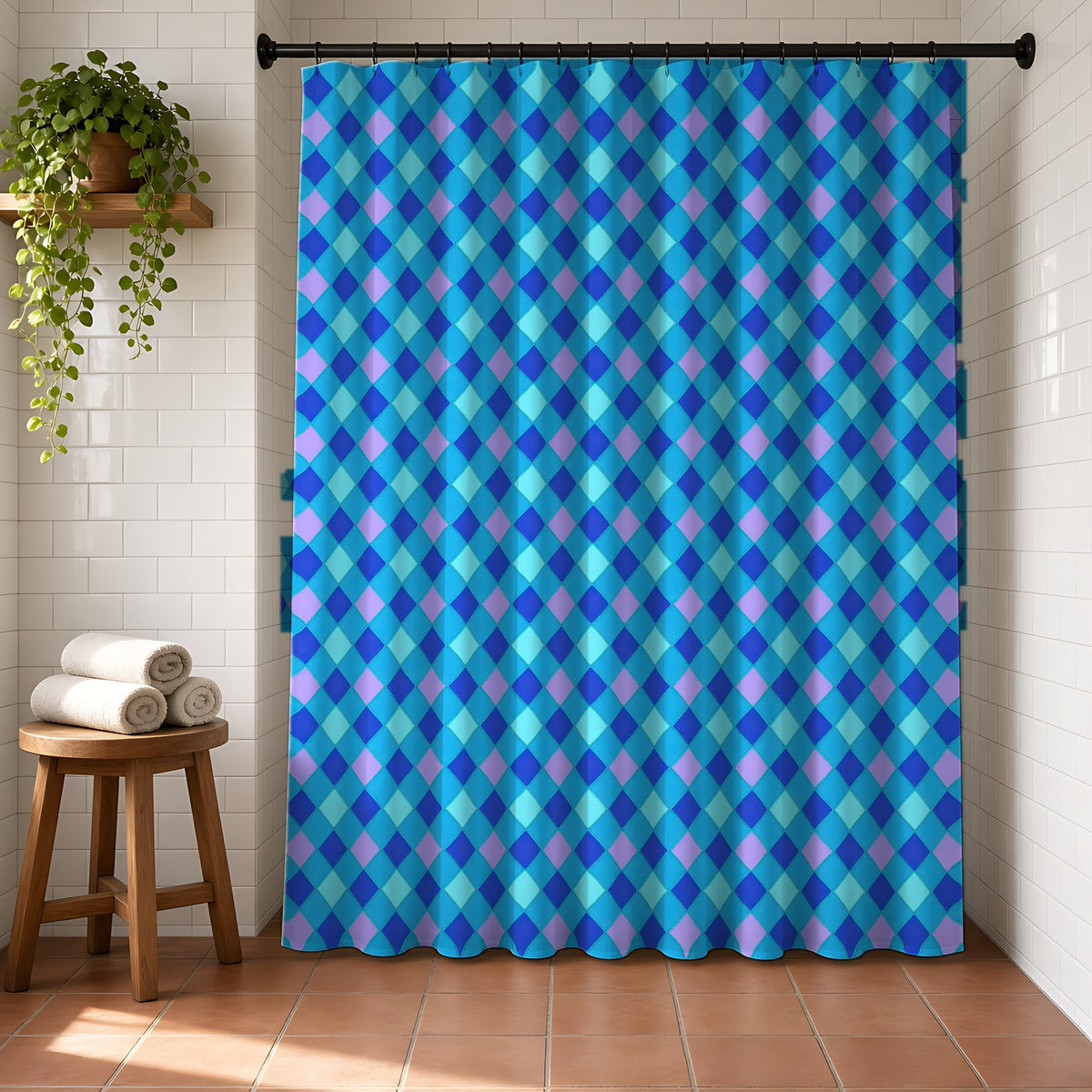Jewel Harlequin Check Shower Curtain in a bright bathroom with white tiles and a terracotta floor
