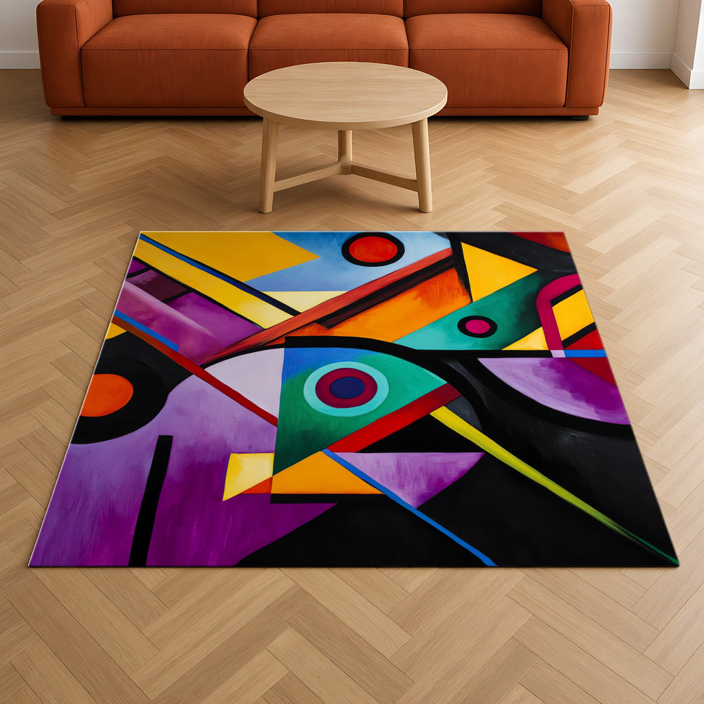 Geometric Night Rhythm Outdoor Rug on a herringbone wood floor in a living room