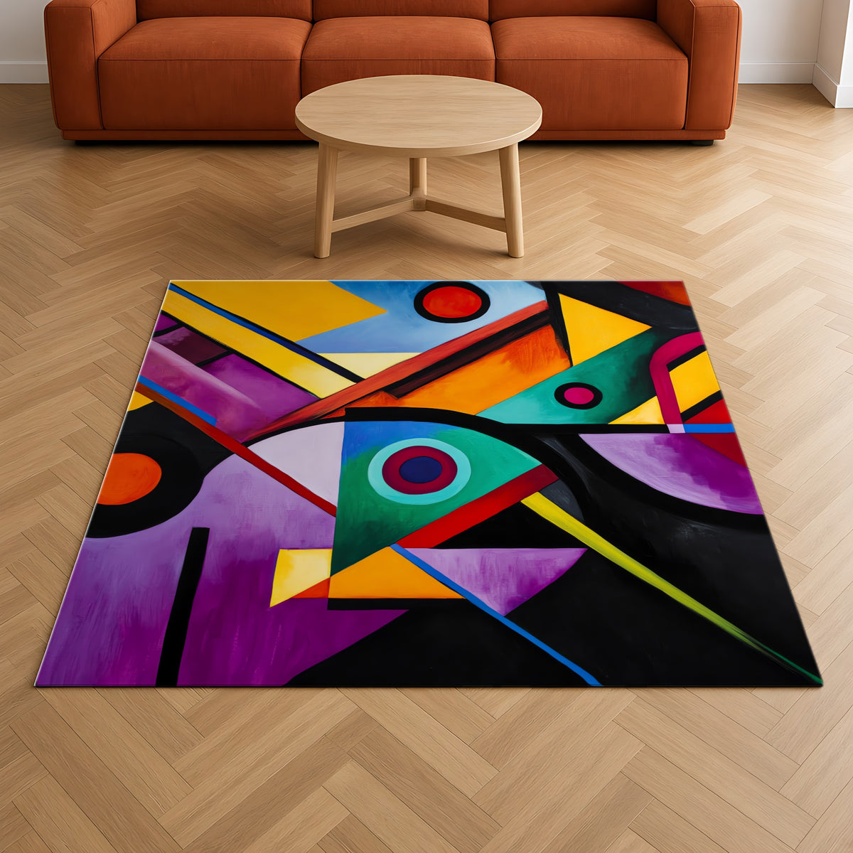 Geometric Night Rhythm Outdoor Rug on a herringbone wood floor in a living room