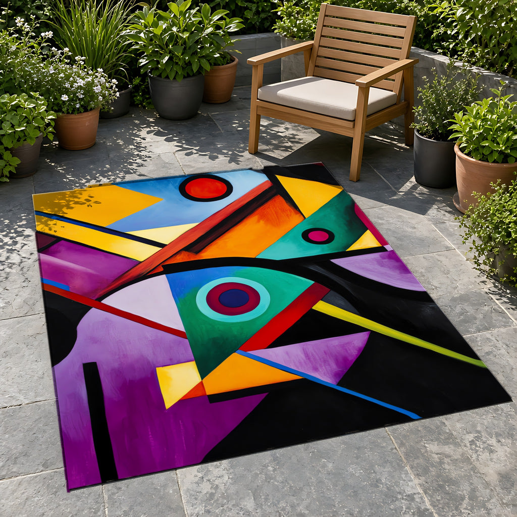 Geometric Night Rhythm Outdoor Rug on a stone patio with potted plants
