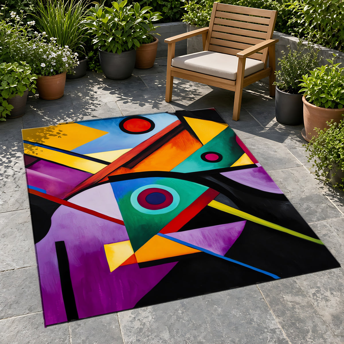 Geometric Night Rhythm Outdoor Rug on a stone patio with potted plants