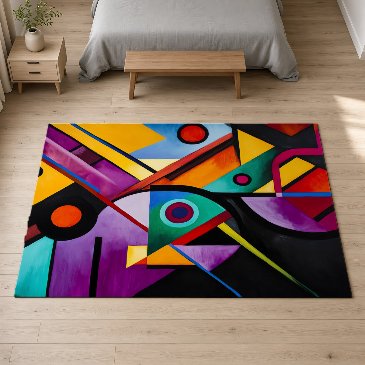 Geometric Night Rhythm Outdoor Rug on a pale oak floor in a calm bedroom
