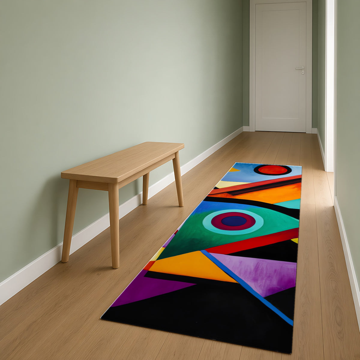 Geometric Night Rhythm Outdoor Rug as a runner in a sage-green hallway
