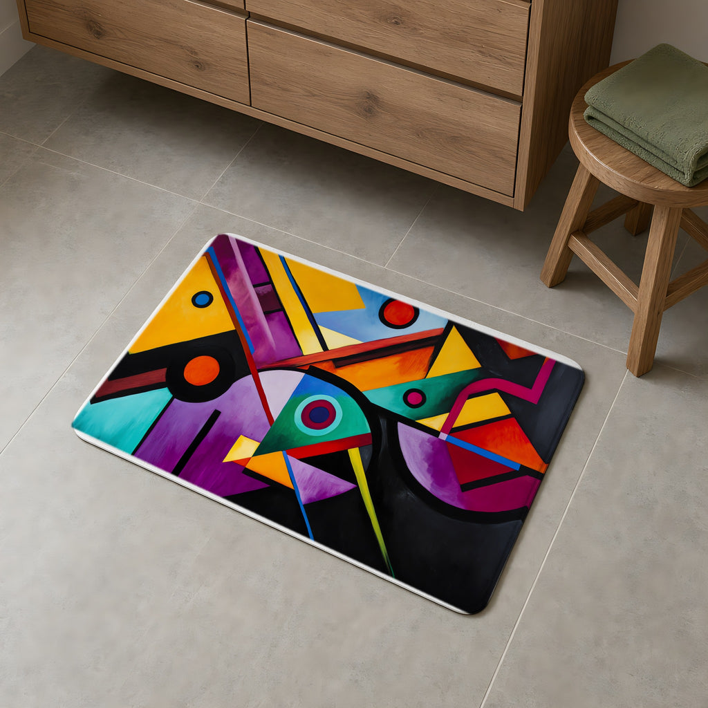 Geometric Night Rhythm Bath Mat on a grey tiled bathroom floor