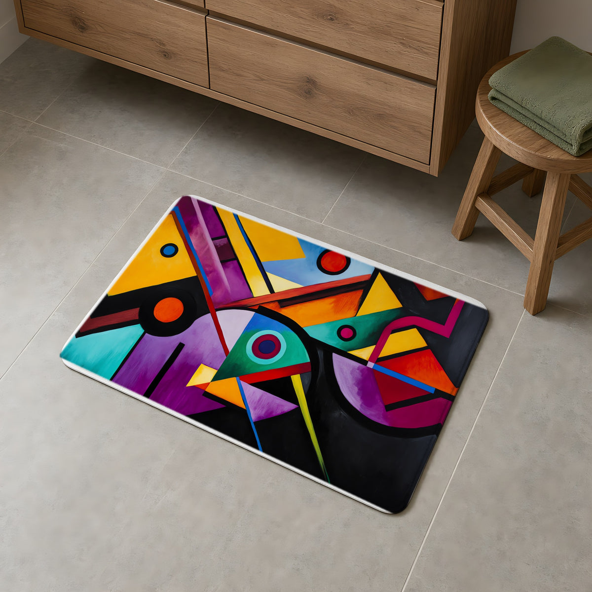Geometric Night Rhythm Bath Mat on a grey tiled bathroom floor