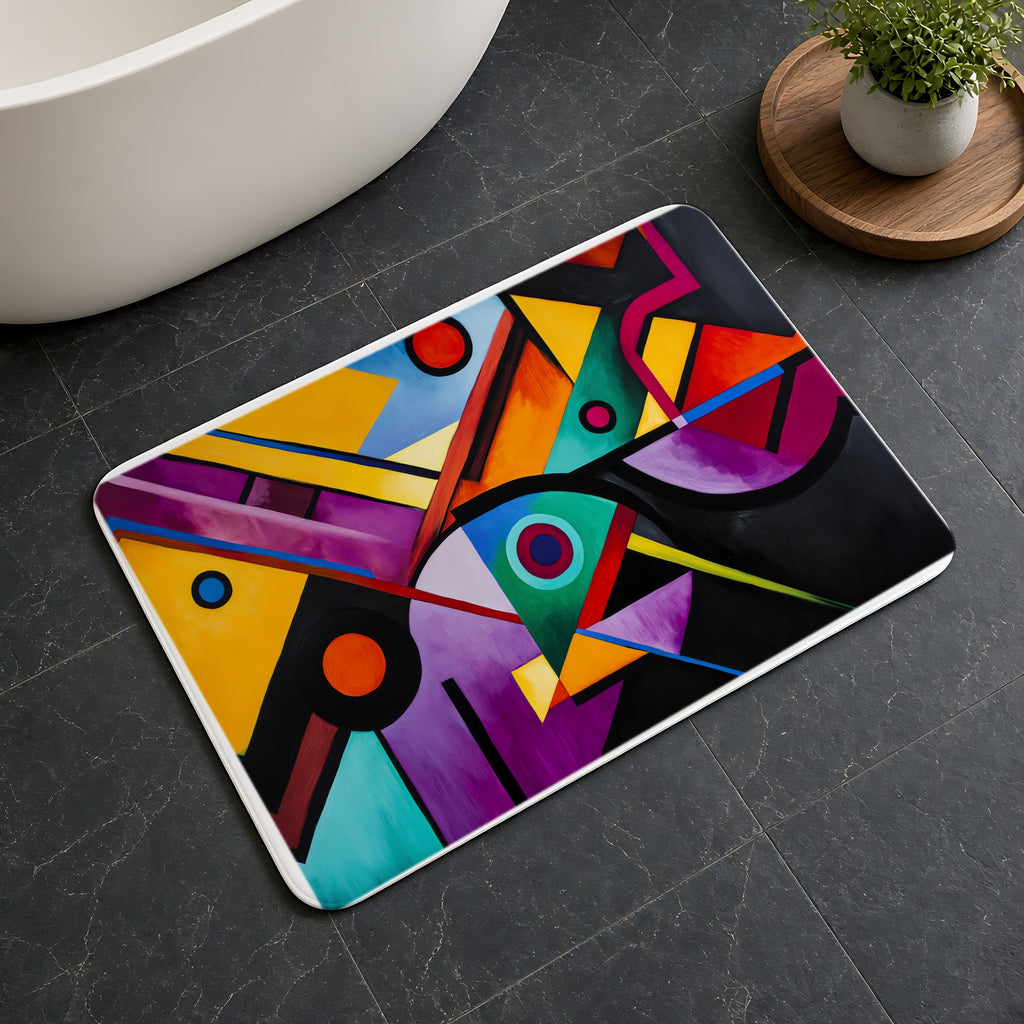 Geometric Night Rhythm Bath Mat on a dark slate floor beside a bath