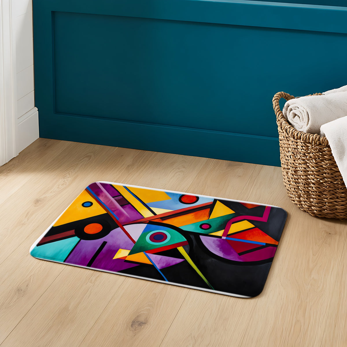 Geometric Night Rhythm Bath Mat on an oak floor in a teal bathroom