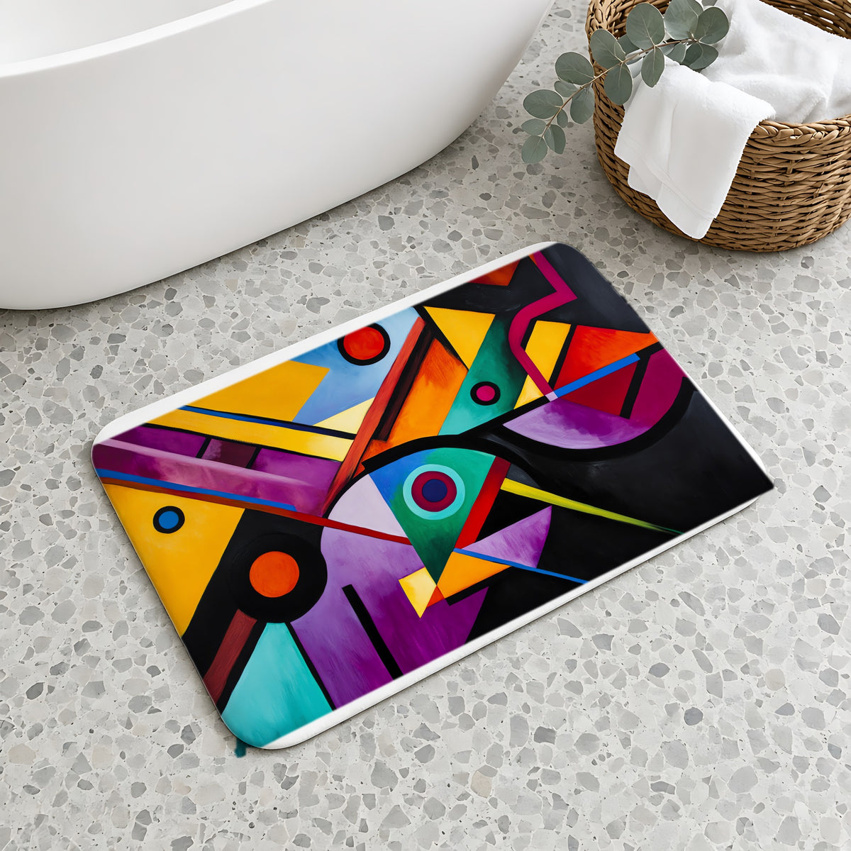 Geometric Night Rhythm Bath Mat on a terrazzo floor beside a freestanding bath