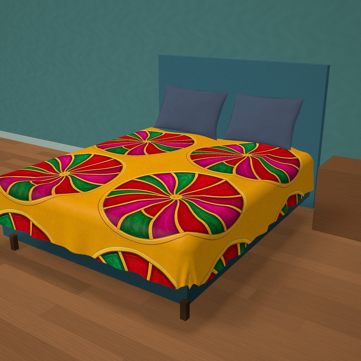 Grand Kaleido Jewel Wheels Cotton Duvet Cover on a made bed