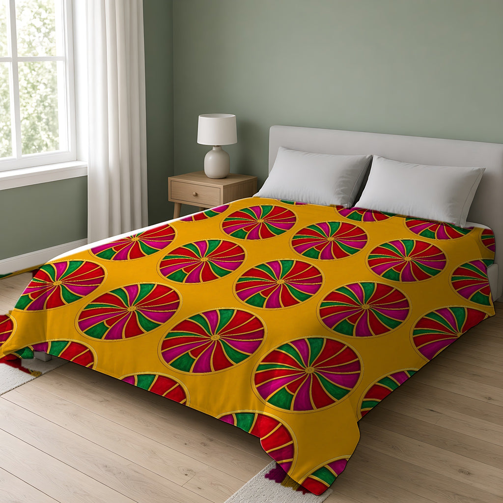 Grand Kaleido Jewel Wheels Cotton Duvet Cover on a double bed in a bright sage-green bedroom