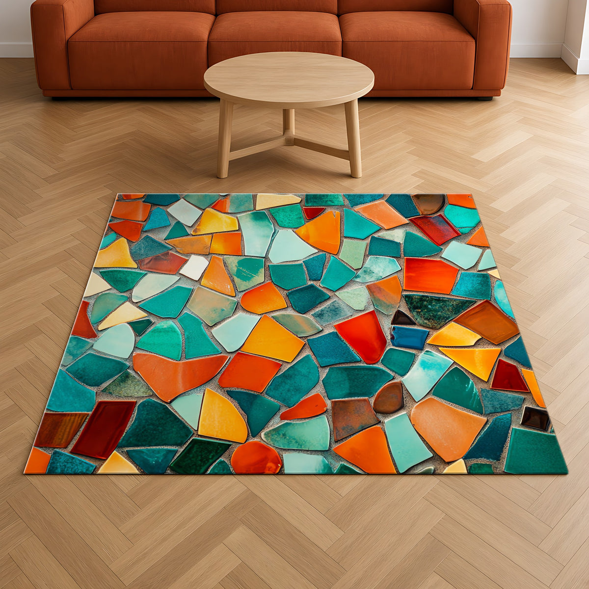 Mosaic Tile Glow Outdoor Rug on a herringbone wood floor in a living room
