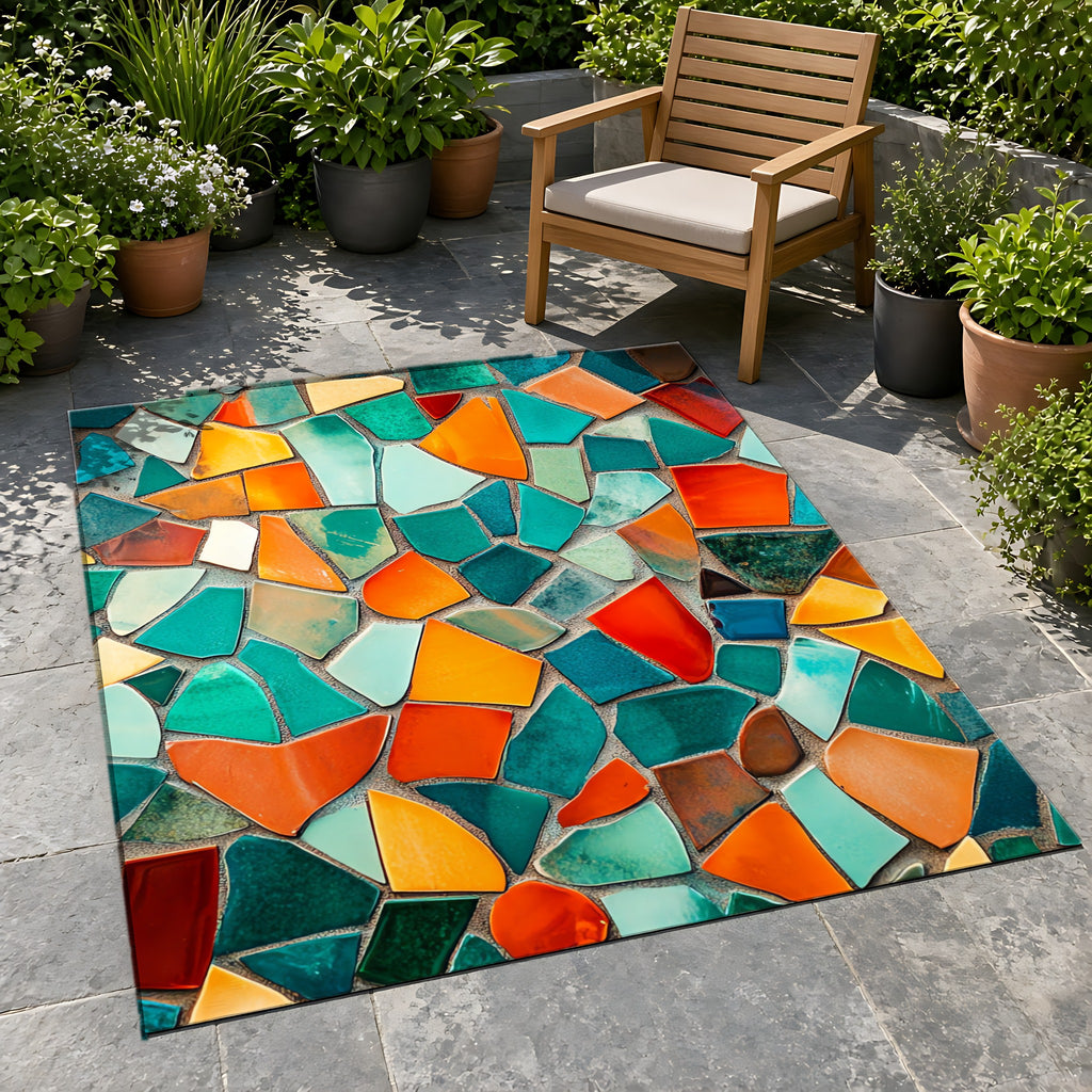 Mosaic Tile Glow Outdoor Rug on a stone patio with potted plants