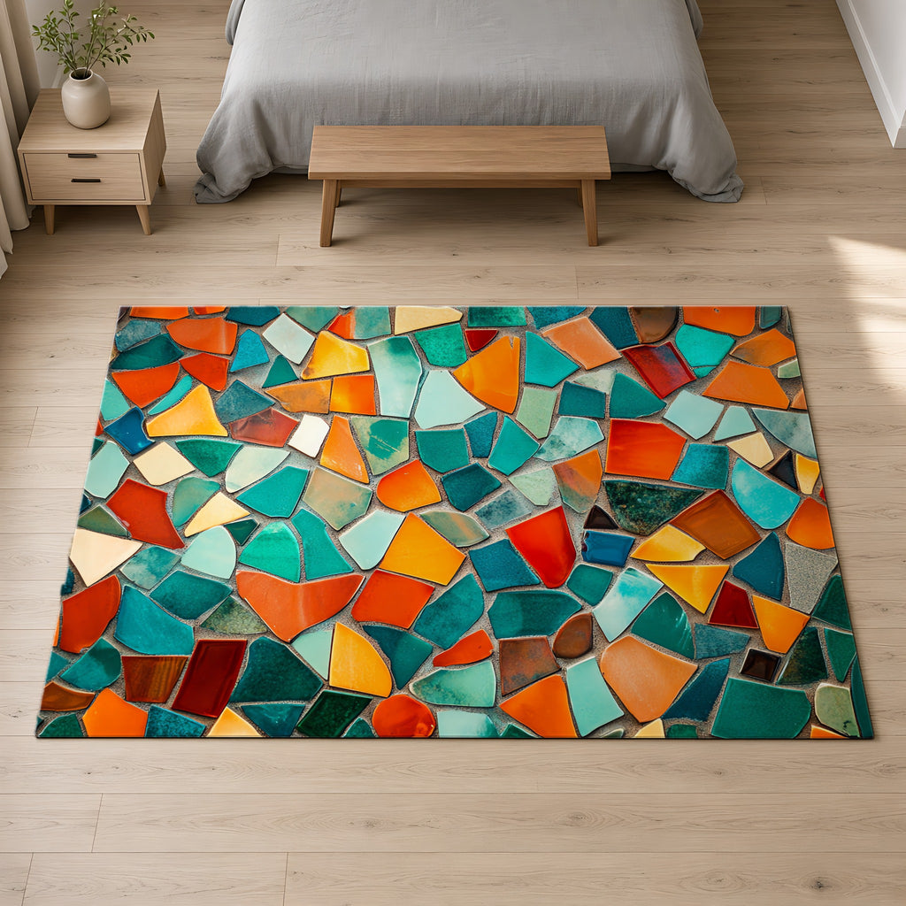 Mosaic Tile Glow Outdoor Rug on a pale oak floor in a calm bedroom