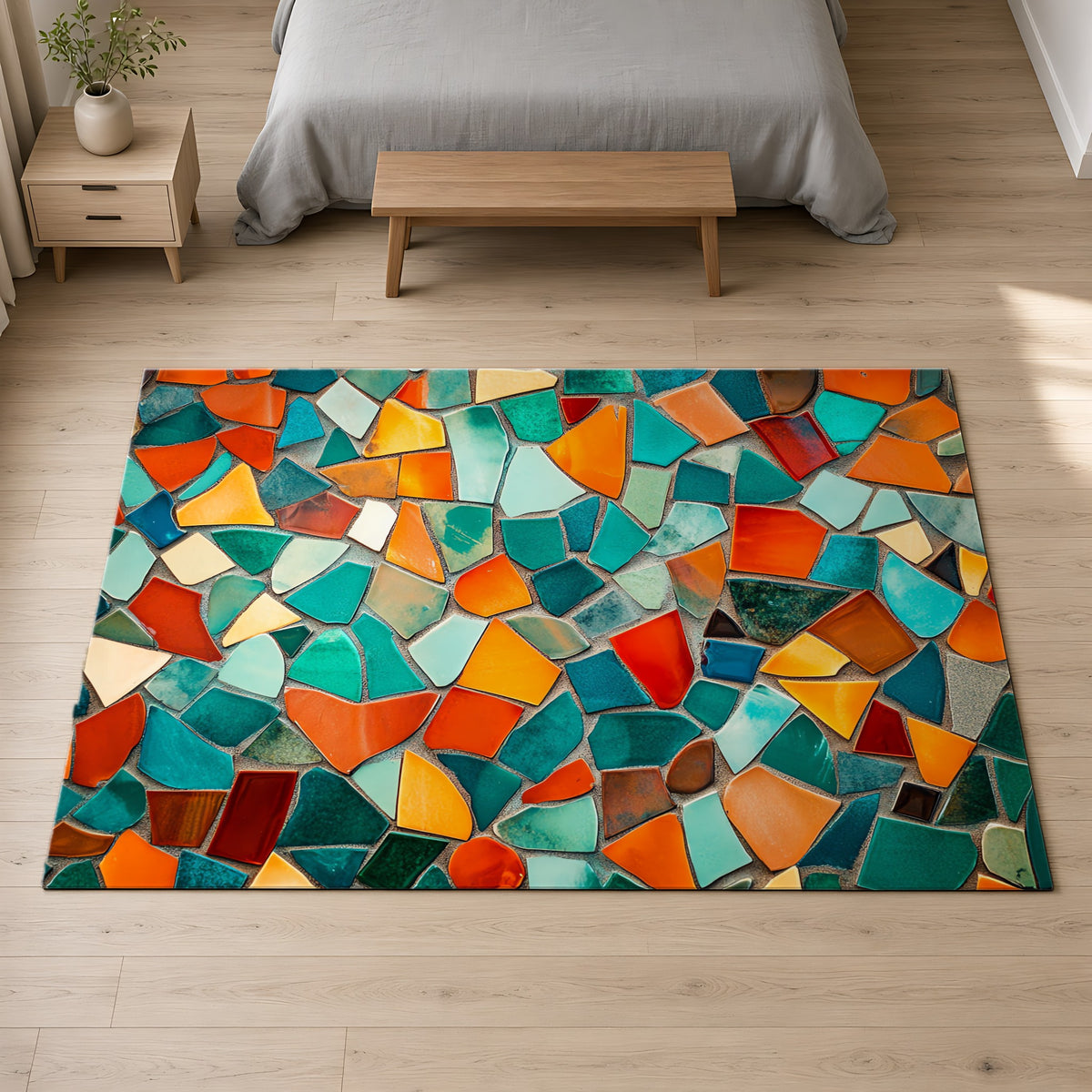 Mosaic Tile Glow Outdoor Rug on a pale oak floor in a calm bedroom