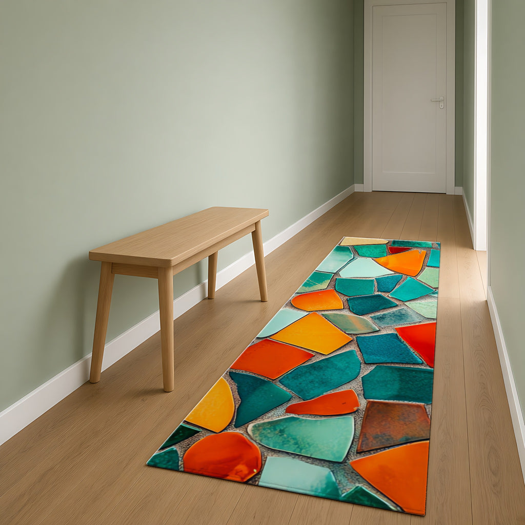 Mosaic Tile Glow Outdoor Rug as a runner in a sage-green hallway