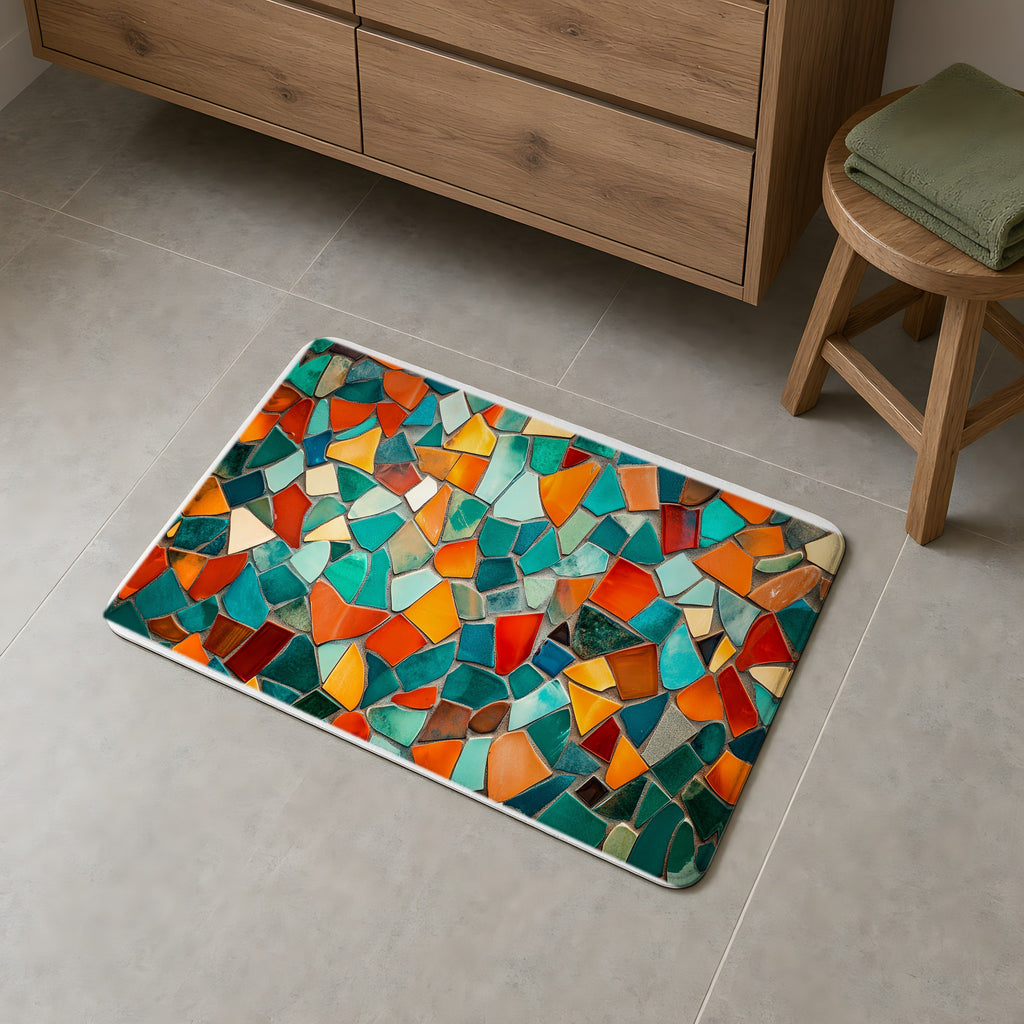 Mosaic Tile Glow Bath Mat on a grey tiled bathroom floor