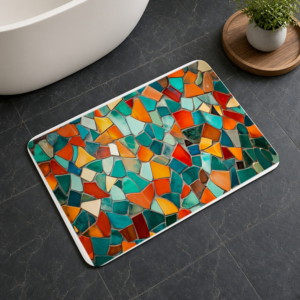 Mosaic Tile Glow Bath Mat on a dark slate floor beside a bath