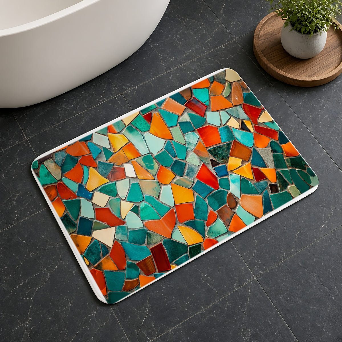 Mosaic Tile Glow Bath Mat on a dark slate floor beside a bath