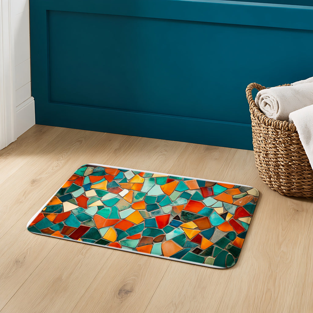 Mosaic Tile Glow Bath Mat on an oak floor in a teal bathroom