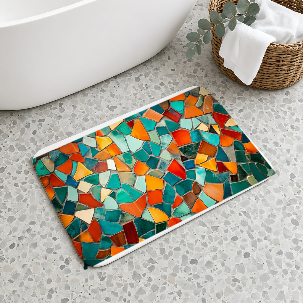 Mosaic Tile Glow Bath Mat on a terrazzo floor beside a freestanding bath