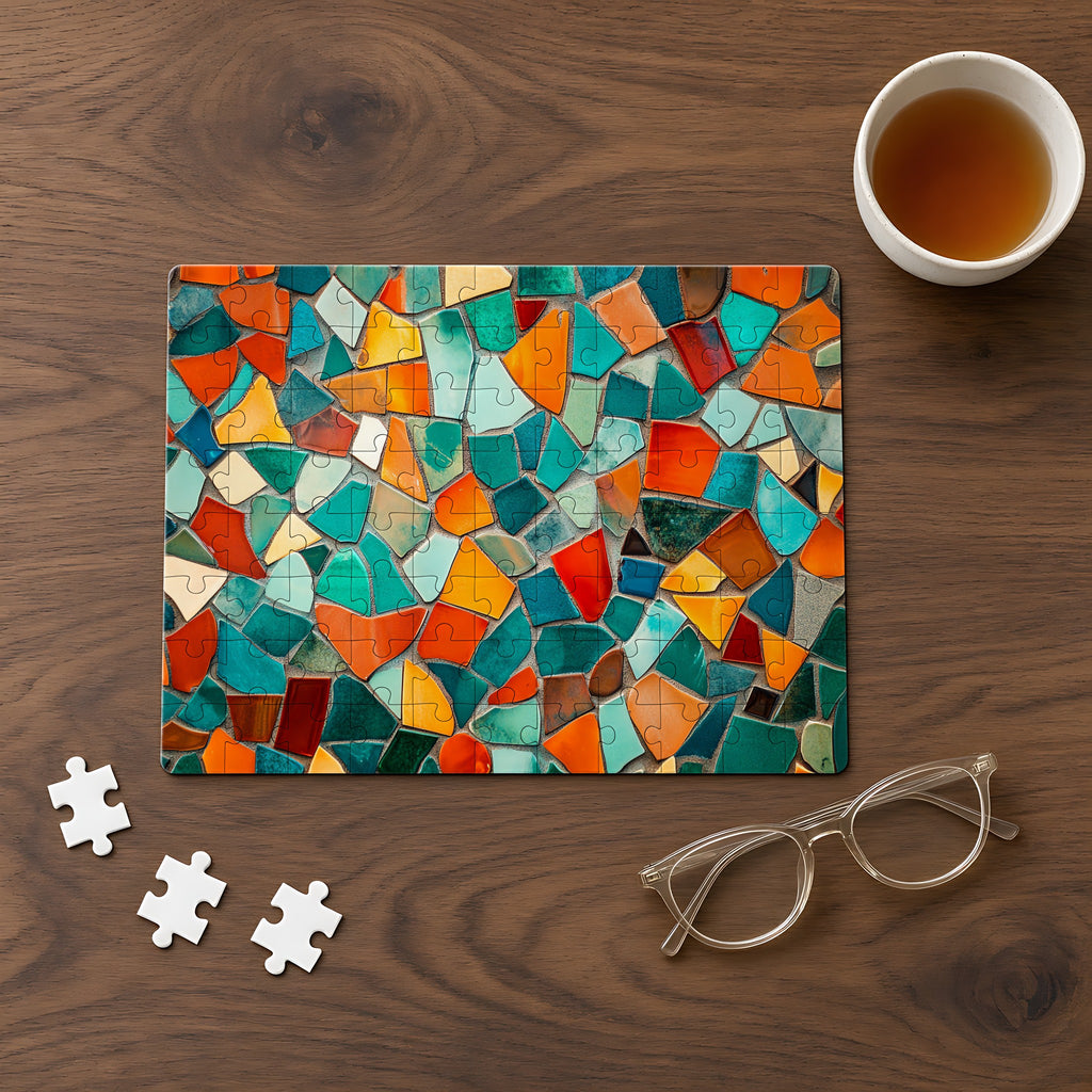 Mosaic Tile Glow Jigsaw Puzzle with Tin completed on a walnut table