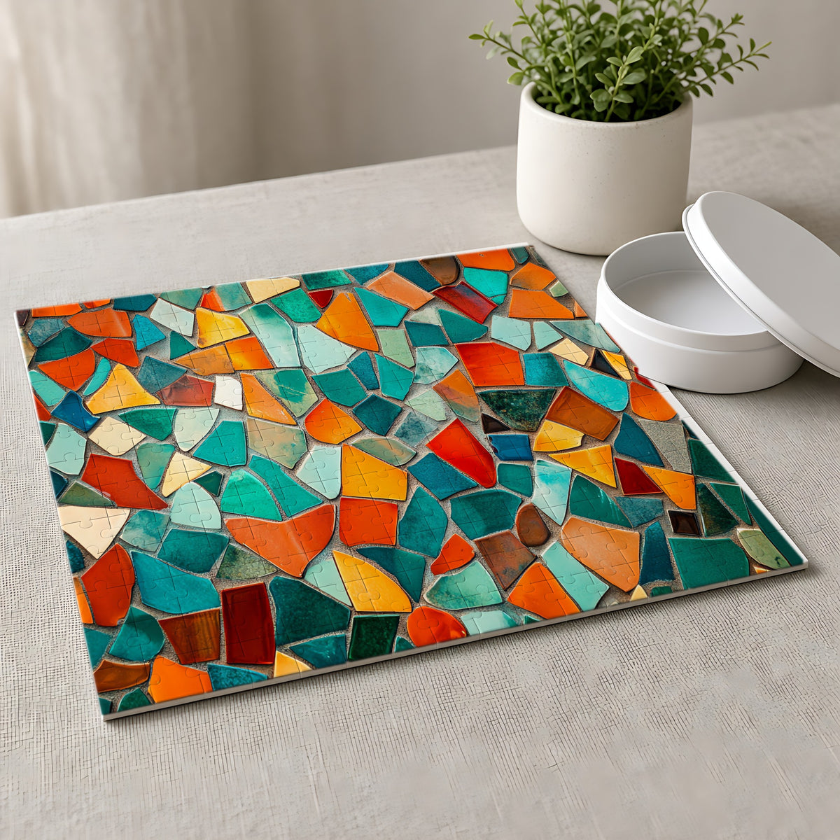 Mosaic Tile Glow Jigsaw Puzzle with Tin completed on a linen tablecloth