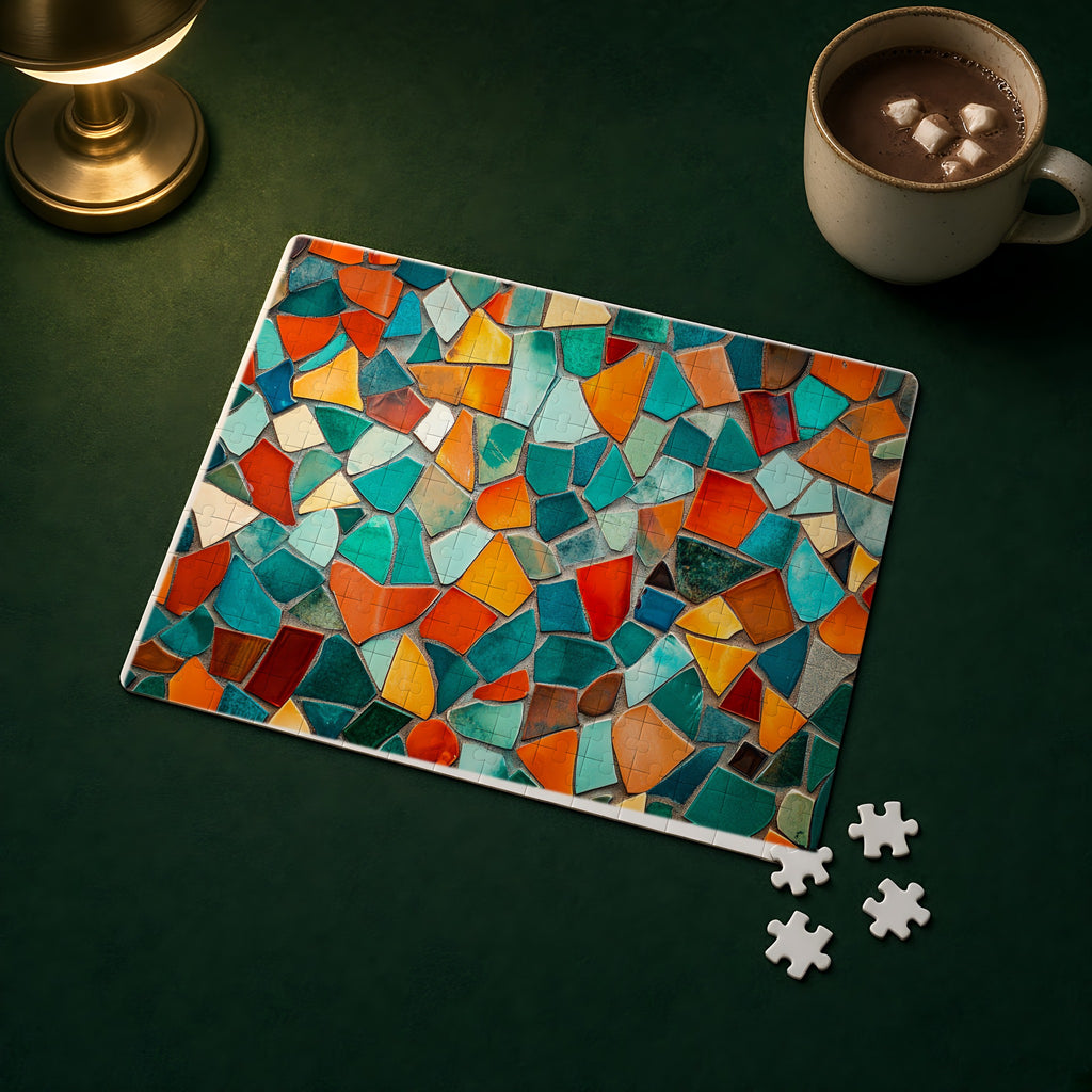 Mosaic Tile Glow Jigsaw Puzzle with Tin completed on a green games table