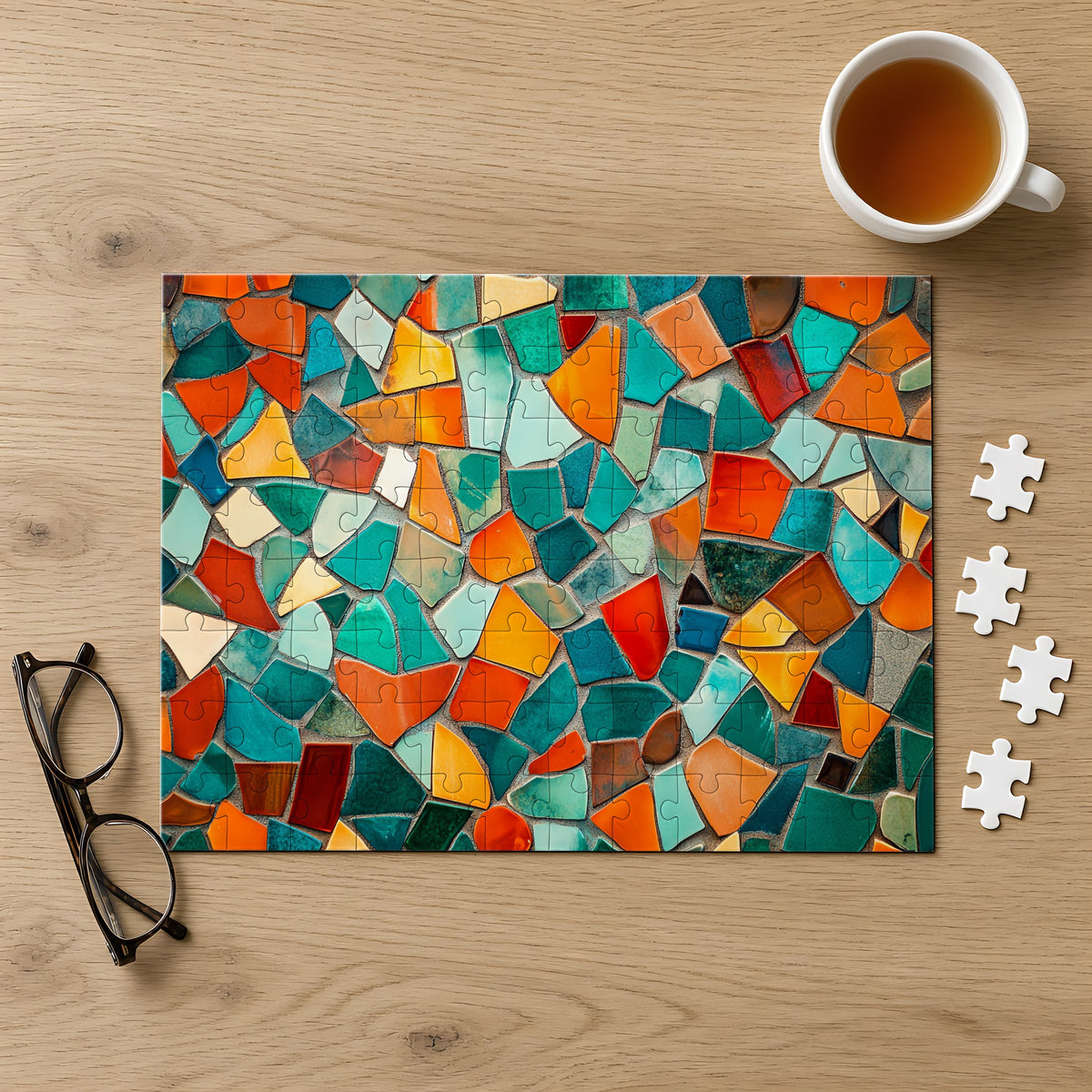 Mosaic Tile Glow Jigsaw Puzzle with Tin completed on a light oak table with a cup of tea