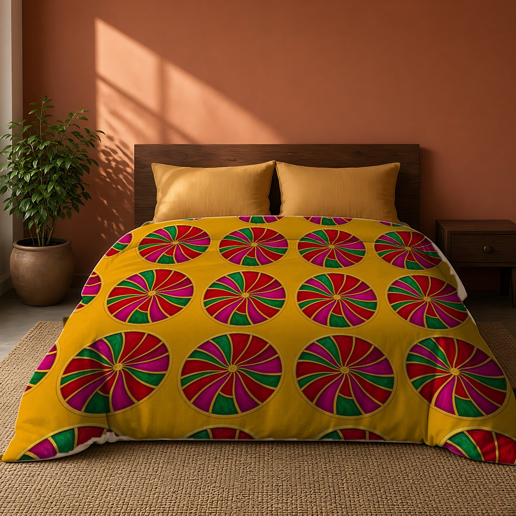 Grand Kaleido Jewel Wheels Comforter on a king bed against a warm terracotta wall