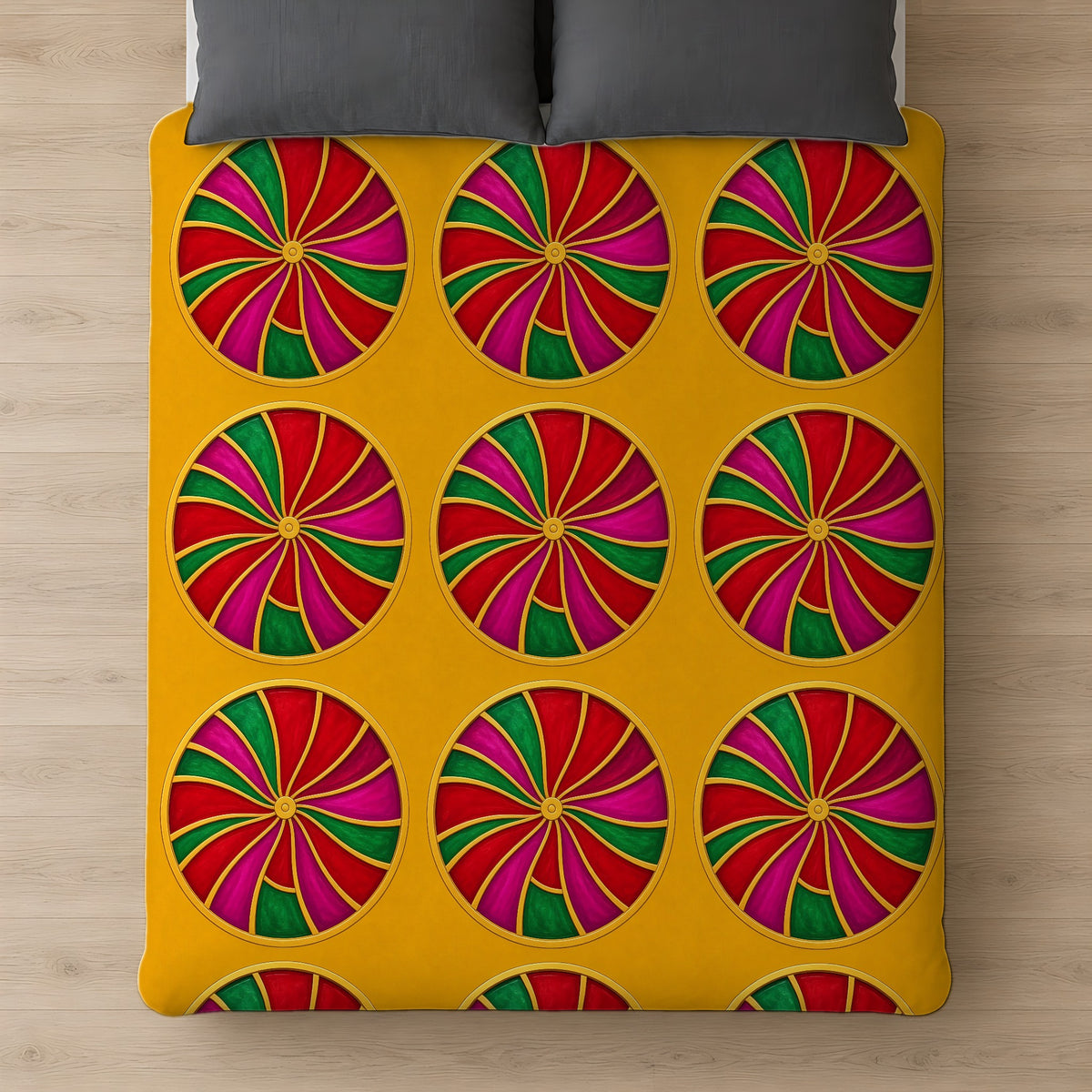 Grand Kaleido Jewel Wheels Comforter on a bed, seen from above