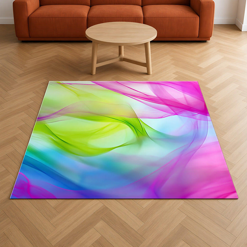 Silk Smoke Waves Outdoor Rug on a herringbone wood floor in a living room