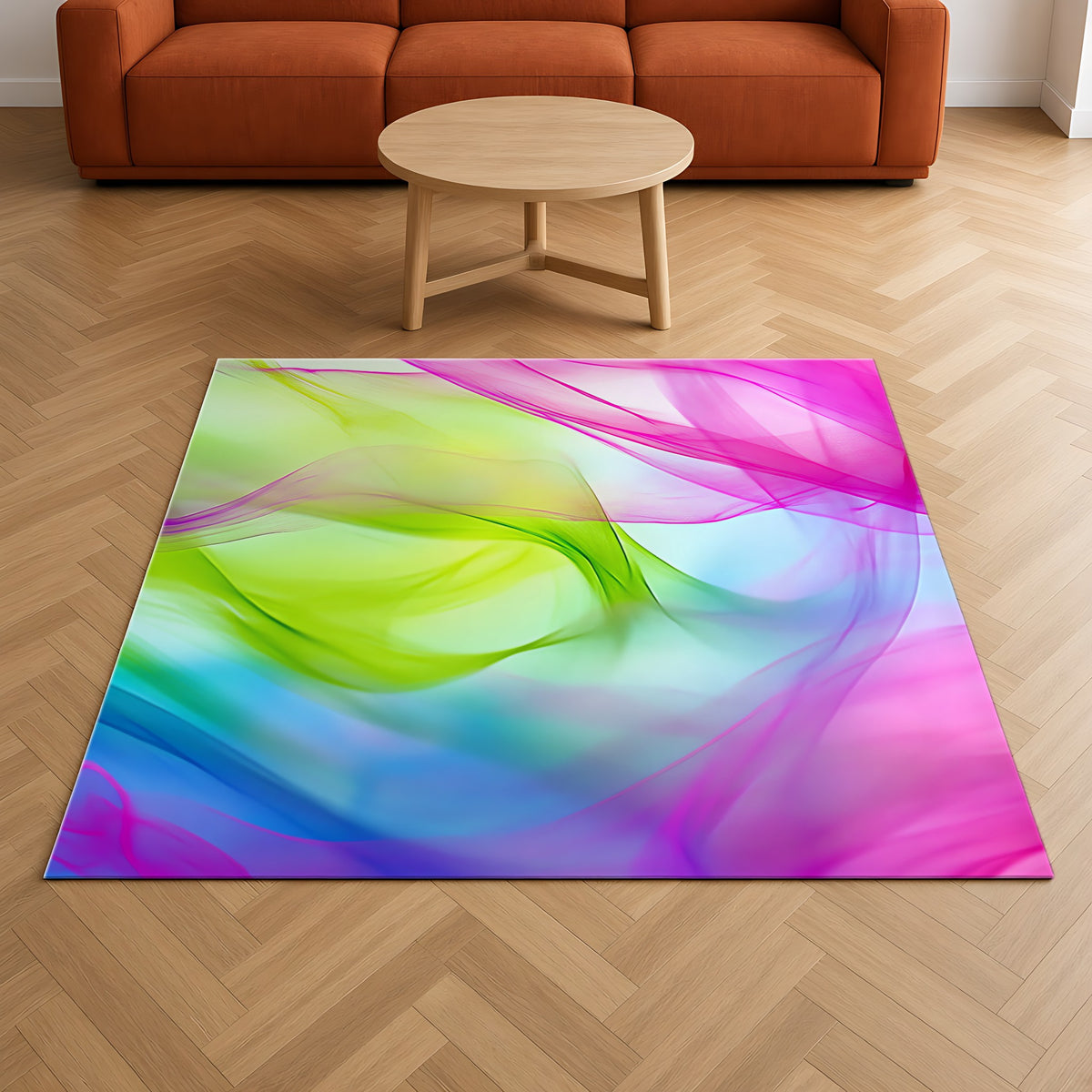 Silk Smoke Waves Outdoor Rug on a herringbone wood floor in a living room