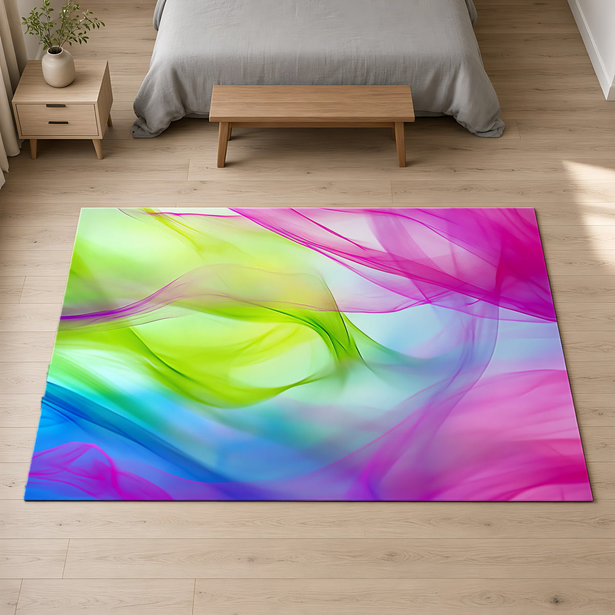 Silk Smoke Waves Outdoor Rug on a pale oak floor in a calm bedroom