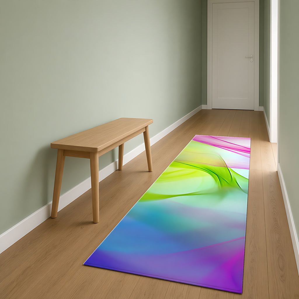 Silk Smoke Waves Outdoor Rug as a runner in a sage-green hallway