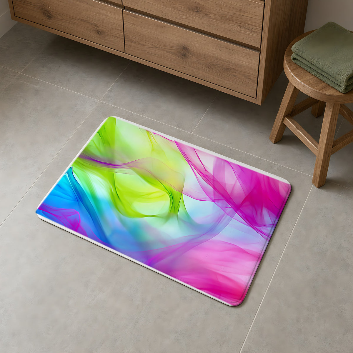 Silk Smoke Waves Bath Mat on a grey tiled bathroom floor