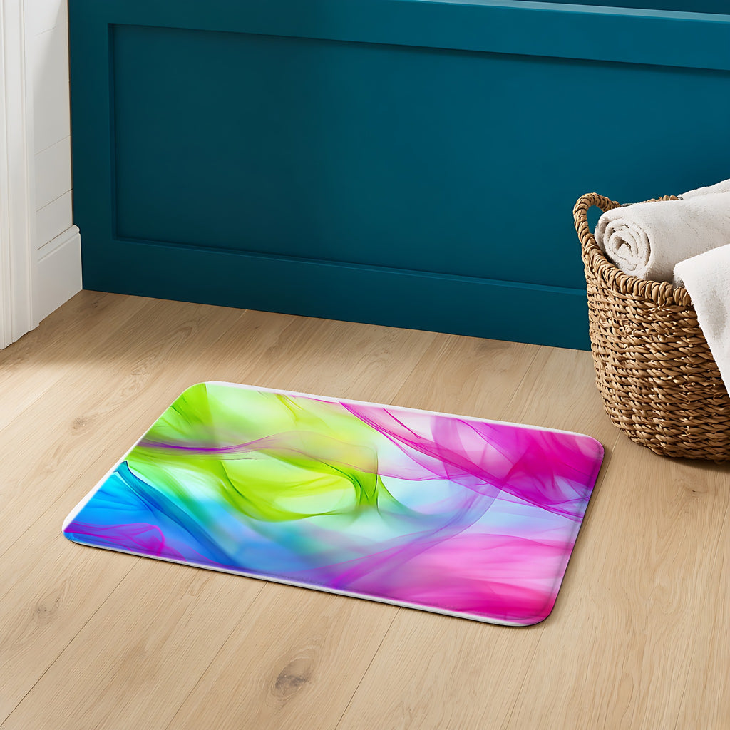 Silk Smoke Waves Bath Mat on an oak floor in a teal bathroom