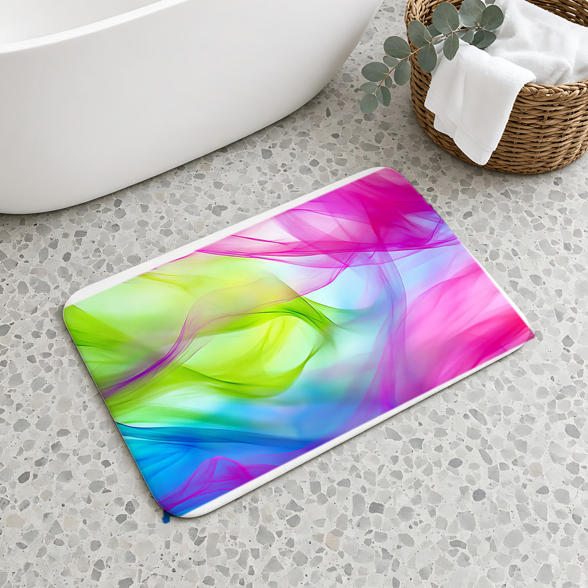 Silk Smoke Waves Bath Mat on a terrazzo floor beside a freestanding bath