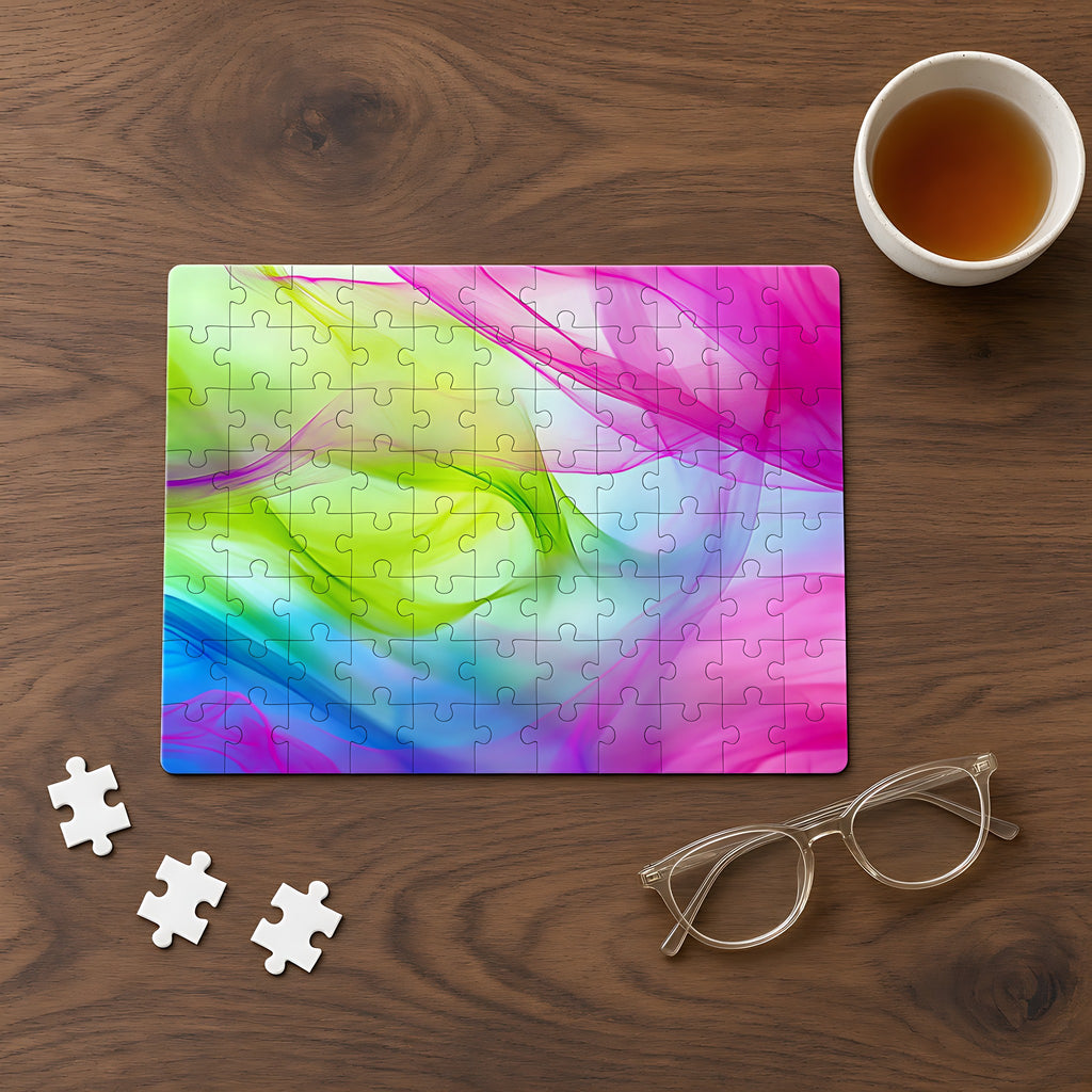 Silk Smoke Waves Jigsaw Puzzle with Tin completed on a walnut table