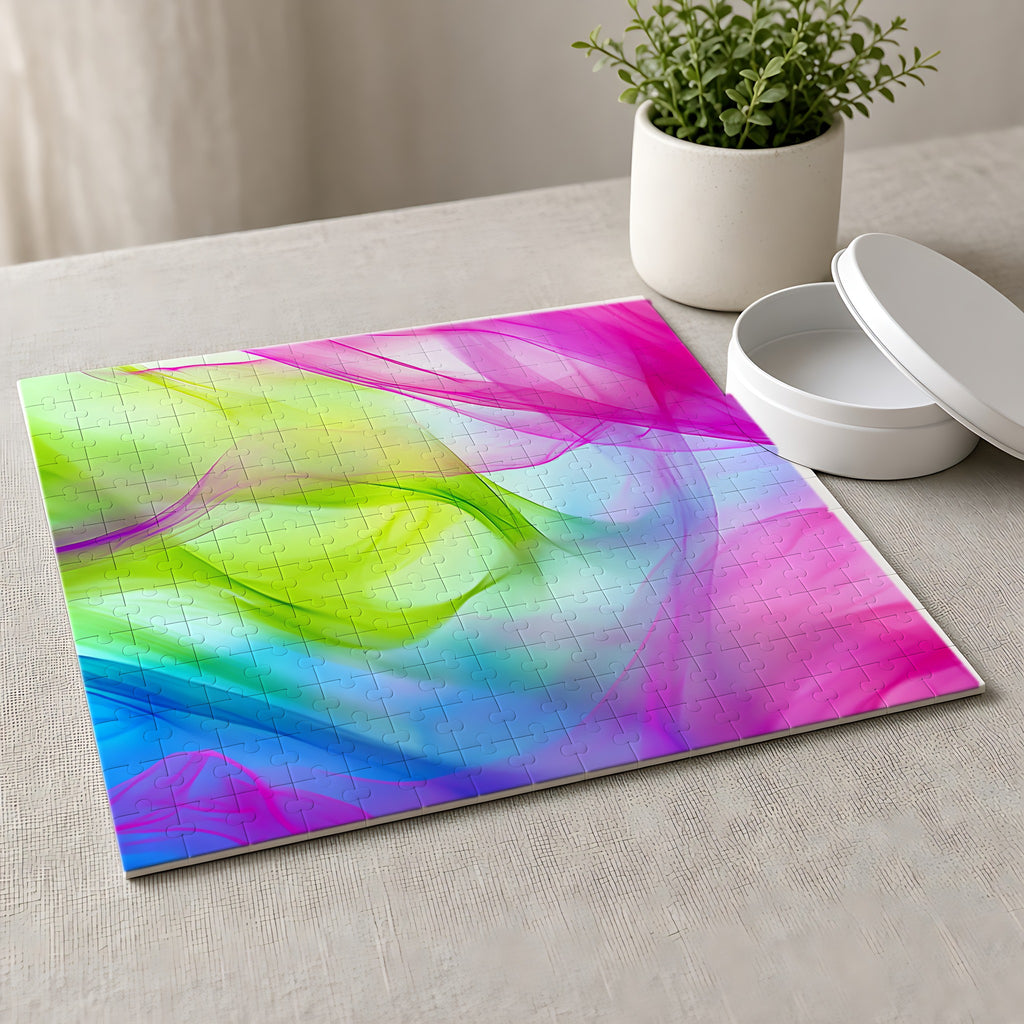Silk Smoke Waves Jigsaw Puzzle with Tin completed on a linen tablecloth