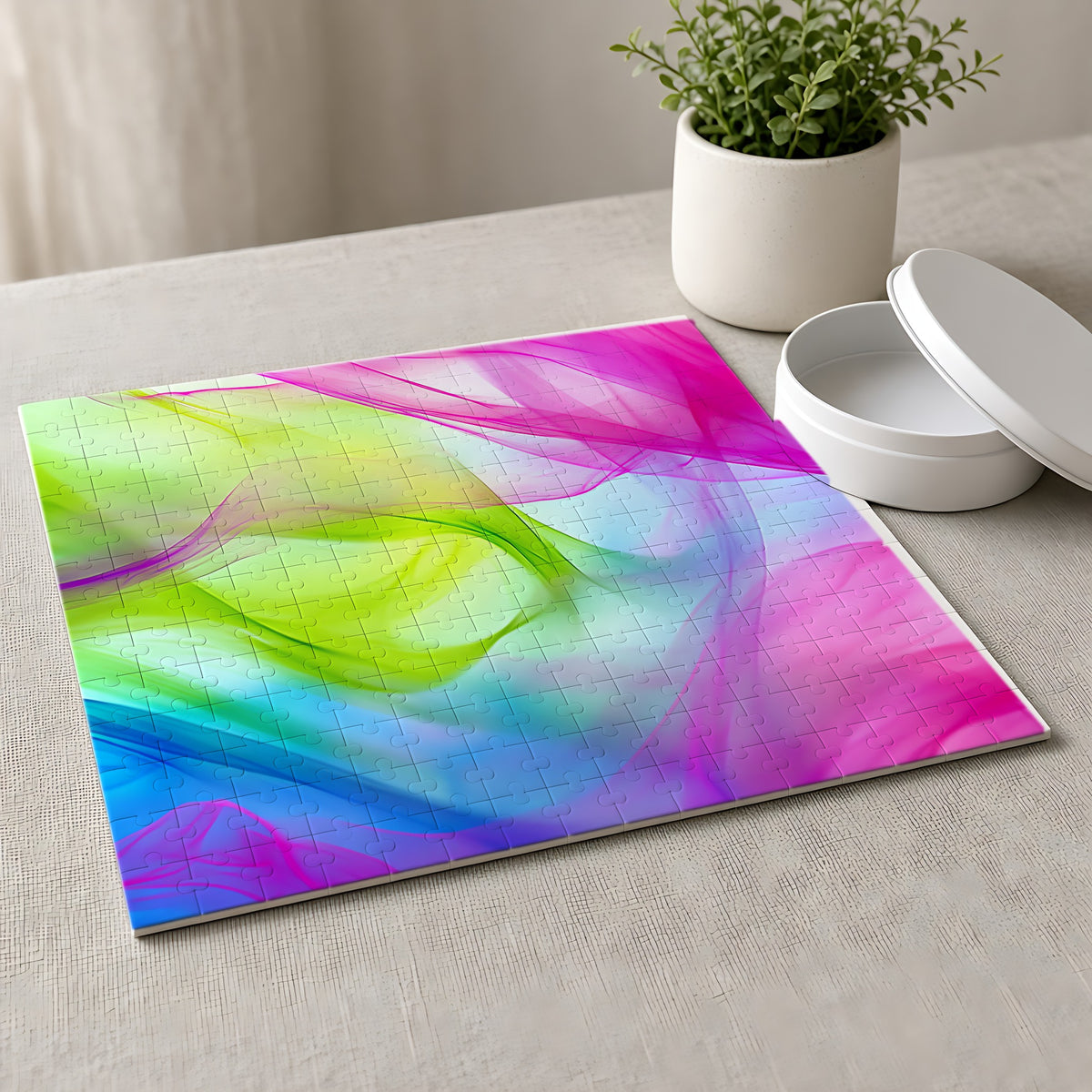 Silk Smoke Waves Jigsaw Puzzle with Tin completed on a linen tablecloth