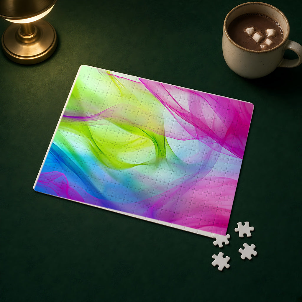 Silk Smoke Waves Jigsaw Puzzle with Tin completed on a green games table