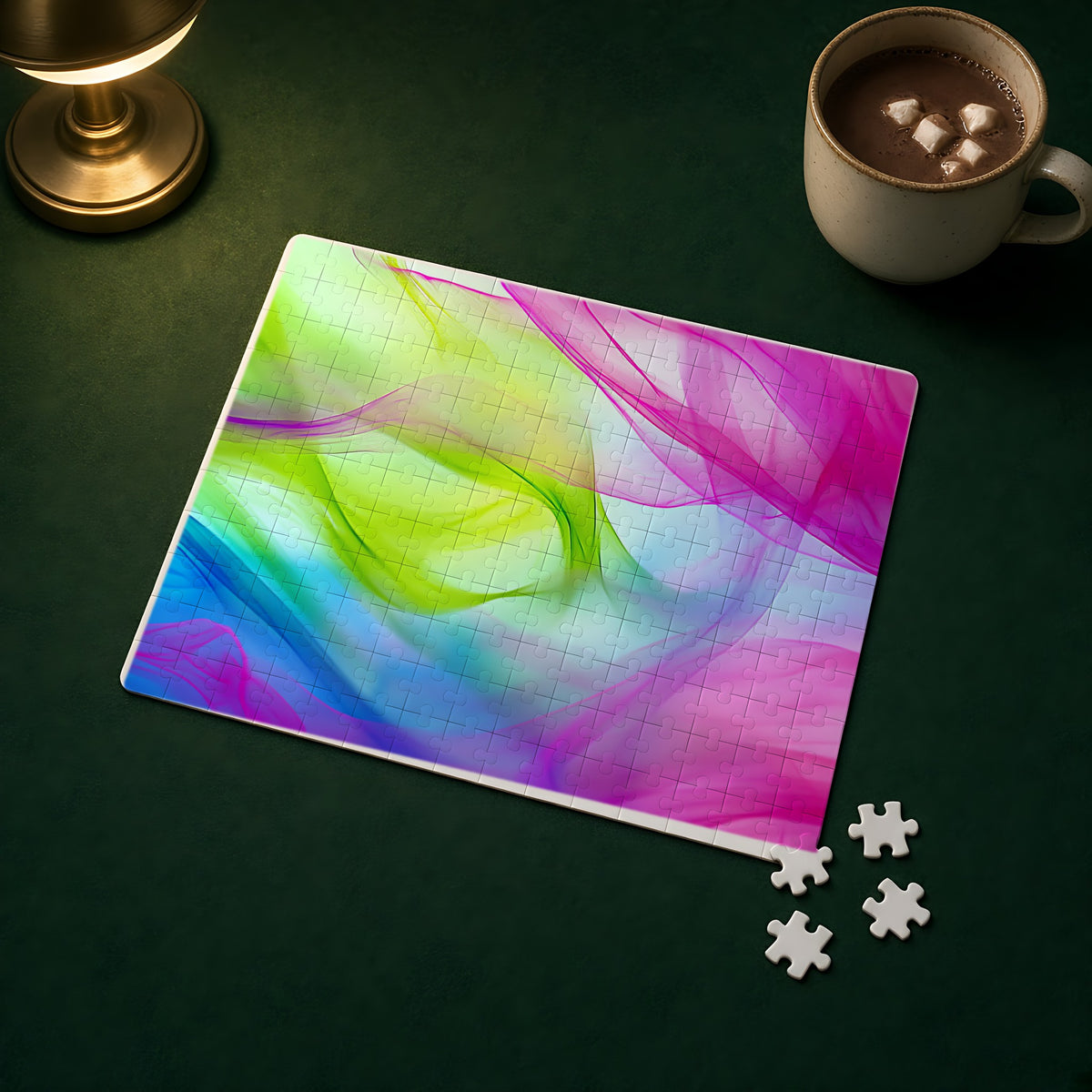 Silk Smoke Waves Jigsaw Puzzle with Tin completed on a green games table